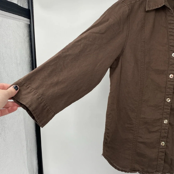 Fresh Produce Top Women’s size Small Brown Linen Button Up Tabbed 3/4 Sleeve - Picture 2 of 10